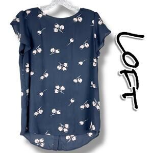 Loft Gray Cherries Blouse Back Button Lightweight Office Casual Womens Size S